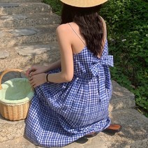 오픈백 리본 끈나시 체크 버튼 여름 롱원피스 휴가룩