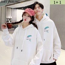 JUST FEEL!NG 커플 맨투맨 후드 티셔츠 남녀공용 후드티 시밀러룩 커플티 긴팔 오버핏 커플티셔츠1+1