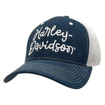 Harley-Davidson 여성용 자수 할리 스크립트 야구 모자 네이비 블루 블루.