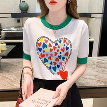 스타일아유 여성 여름 비스코스 핑크 하트 루즈핏 라운드 반팔 니트 티셔츠 오피스 캐주얼