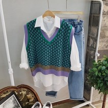상상그이상 여성용 간절기 필수템 유니크 패턴 니트 조끼 베스트 가을신상 배색포인트