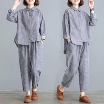 K.ONLINE SHOP여성 투피스 빅사이즈 스트라이프 긴팔셔츠 팬츠 세트 정장 여성오피스룩 여성정장세트 여성정장