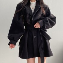 여성 벌룬 소매 쇼트 벨트 맥 코트 하늘비즈 C11 X686N188