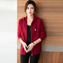 여성 자수 후드 스웨터 캐주얼 니트가디건 아우터 탑