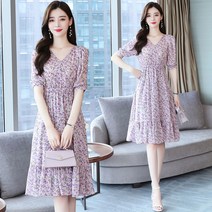ROGBID 프렌치 퍼플 플라워 원피스 여춘하 첫사랑 쉬폰 브이넥 반팔 머메이드 스커트입니다