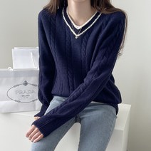 바이단미 여성용 스웨터 브이넥 배색 꽈배기 니트