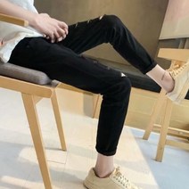 [최저가]남성 스트레이트 컷팅 찢어진 블랙진