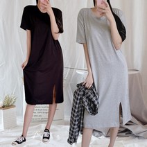 마쿠쿠 옆 트임 H라인 반팔 면 롱 원피스