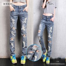 찢어진 데님 여자청바지 느슨한 일자 빈티지 골반