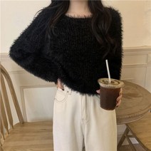 안나리야 여성 라운드 밍크 퍼 털 크롭 숏 펄 반짝이 니트 SY