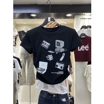 6428#동대문여름복고프린트티셔츠여캐주얼룩셔링허리수렴반팔상의