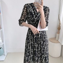 베트남원피스 동남아 원피스 괌 다낭 휴양지룩 발리 하와이 해외여행여름옷 동남아여행룩 레트로 꽃 무늬 드레스 여성의 쉬폰 프랑스 파티 퍼프 슬리브 v 넥 미디 여름 여성용