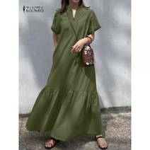 여름 원피스 하객 여성 룩 ZANZEA V넥 짧은 소매 프릴 드레스 여성용 캐주얼 솔리드 루즈한 롱 휴일 파티 패션