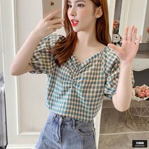 가바바 여성 블라우스 귀요미 체크체크 벌룬소매 반팔 블라우스 G45905
