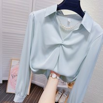 목걸이 목재 여성 디자인 진주 V칼라긴모매 가을용 새틴블라우스