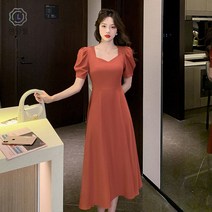 [연당월]빈티지 스퀘어넥 퍼프 소매 등판 리본 슬림핏 미디 원피스구호원피스땡땡이스커트