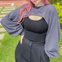 스웻 라운드 루즈핏 오버핏 유니크 레이어드 볼레로 숏 크롭 맨투맨