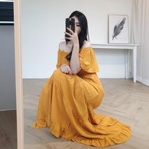 여자 방콕 여행룩 오프숄더 프릴 캉캉 노랑 롱원피스