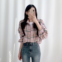 티데일리 여성용 벌룬 소매 오버핏 체크 남방 긴팔 셔츠