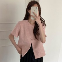 여성봄자켓 트위드자켓 더블브레스트 하객룩 크롭 시크한 스타일 o-넥 싱글 로우 트위드 반팔 루즈핏 재킷 여성용 봄 여름 외투
