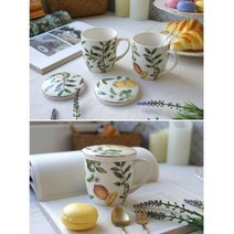 허브 프린팅 고급 도자기 뚜껑 머그컵 고급컵 선물용 예쁜컵 답례품 라떼, 레몬