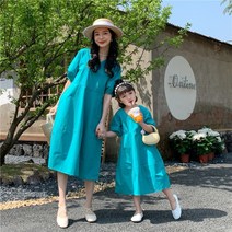 여름 해외여행 커플룩 패밀리룩 스타일 퍼프 슬리브 반팔 드레스 엄마딸 드레스 슬림 중간 길이 스커트