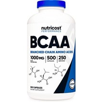 뉴트리코스트 bcaa 1000mg 500캡슐(250서빙) 2:1:1 분지쇄 아미노산(500mg의 L-류신 250mg의 L-이소류신 및 L-발린), 500카운트(1팩), 1개, 500정
