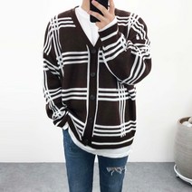 엠클로 남자 오버핏 이중지 3선 체크 니트 가디건 6컬러