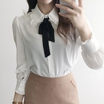 탐탐탐 셔링카라 리본 쉬폰블라우스