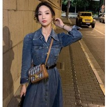 셔츠카라 A라인 롱 스판 데님 청 원피스 자켓형 퍼프소매 꾸안꾸룩 한소희 코디 봄가을 여성 빅사이즈