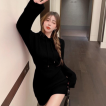 패션디바 여성용 겨울 라이드 후드 도톰 미니 니트 원피스