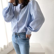 네모샵 잔잔체크 깅엄체크 퍼프소매 차이나카라 블라우스
