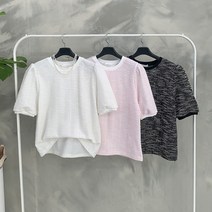 행복여[신상무배]메탈릭 트위드 셔링 퍼프 블라우스