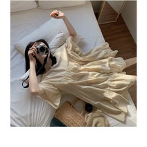 에브리바레 [원피스] M-2XL 원픽 코튼 순면 소매퍼프 셔링 루즈핏 오버핏 임산부 여성 빅사이즈 데일리 롱원피스 여행룩 나들이룩