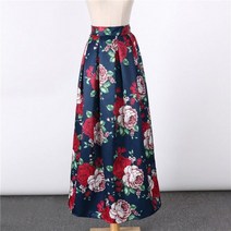 샤틴 롱 스커트 실크 치마 플레어 맥시 레트로 플라워 프린트 플리츠 길이 퍼프 여성 사이 아스
