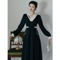 당신은 더 나은 자격이 있습니다 동백 디자인 자수 꽃 대비 색상 블랙 드레스 하이 엔드 V 넥 레이스-업 허리