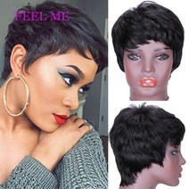 항암가발 앞머리 단발 통 여자 정수리 여성 인모 가발 Feel me short 귀여운 픽시 컷 가발 스트레이트 헤어 peruvian remy human hair wig for, 1pcs 9086 가발