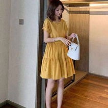 느슨한 어 캐주얼 튜닉 댄스 파티 여성 드레스 옐로우 리넨 빈티지 플러스 사이즈 라이트 패션 미디 가운