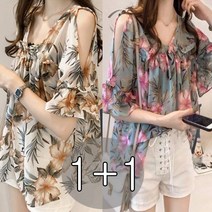 tagi 1+1 여자 잔꽃 블라우스 루즈핏 반팔 셔츠 여름 빅사이즈