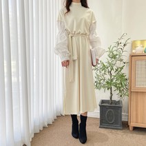 요시아나 [당일발송] 꾸안꾸 비앙카 배색 드롭숄더 볼륨소매 롱원피스 -2컬러