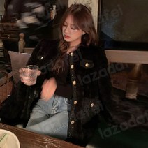 [Lazadafei]여성 가을 겨울 트위드 재킷 페이크 퍼 코트 재킷 털외투[랜덤 귀걸이 증정 주문시간 11/14일 후]