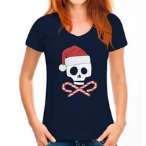 크리스마스 해골과 십자가 사탕 지팡이 산타 블랙 소프트 주니어 티셔츠 탑 레트로 O 넥 티셔츠, WoMen blue_XL