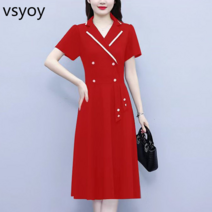 vsyoy 통통한 소녀 대형 여성용 의류 벨리 블랙 스커트 반팔 2023 여름 새로운 슬림 룩 세련된 드레스