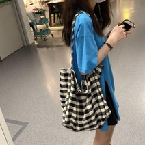 대학 스타일 검은 격자 무늬 캔버스 가방 다 용량 한국어 버전 오픈 스퀘어 숄더백 천 가방 학생 여성 새로운