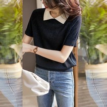 다이뻐 DAIBBU 리틀깽스 프렌치시크 쉬운코디 배색 플라워자수 여름 데일리 얇은 에어컨 시원한 쿨 반팔니트 반팔티