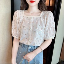 상의 여름 여성 빈티지 플라워 셔츠 살구 루즈핏 퍼프소매 네크라인 블라우스