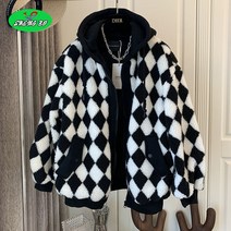 SHENGBO체커보드 점퍼 자켓 체크 패딩 아우터 가디건 후드 램스울 코트 여 플리츠 면 와이드 하프 플리스 상의S09026688