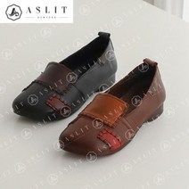 [애슬릿] 스퀘어 토 천연 소 가죽 여성 빈티지 플랫 로퍼