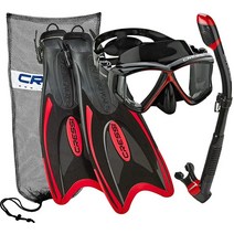 Cressi Italian Design 파노라마 뷰 강화 유리 렌즈 스노클 마스크 드라이 스노클 팔라우 롱 스노클링 핀 마스크 핀 스노클 세트 휴대용 가방 포함 남성 및 여, Red