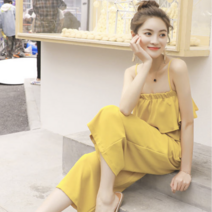 세컨페이지 뷔스띠에 7부 린넨 와이드 점프수트